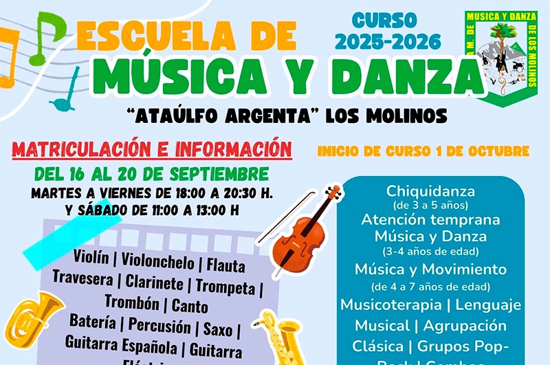 Los Molinos | La Escuela Municipal de Música y Danza “Ataúlfo Argenta” abre su matrícula para el curso 2025-2026