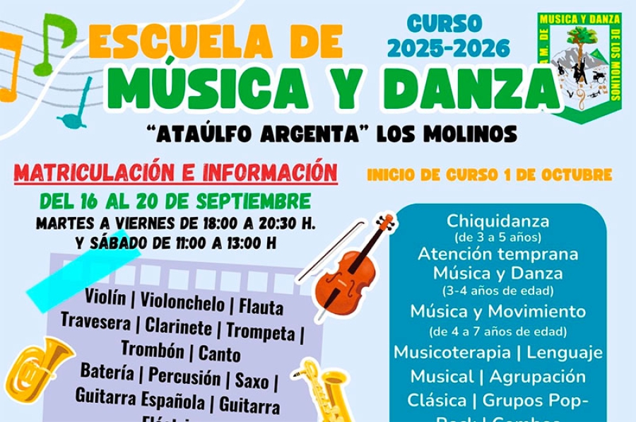 Los Molinos | La Escuela Municipal de Música y Danza “Ataúlfo Argenta” abre su matrícula para el curso 2025-2026