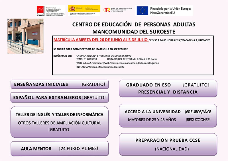 Humanes de Madrid | Matrícula abierta para el curso 24/25 del CEPA Mancomunidad del Suroeste