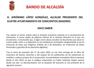 Cenicientos | El nuevo equipo de Gobierno de Cenicientos encuentra la caja del Ayuntamiento con cero euros en efectivo y unos 750.000 euros en facturas pendientes de pago de 2022 y 2023